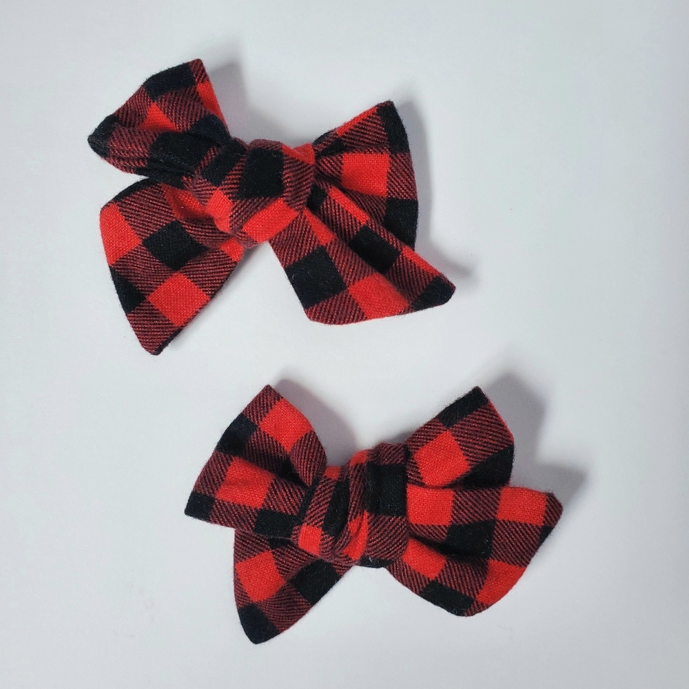Red Buffalo Check Red And Black Plaid Christmas Hair Bow, OS Girls Pigtails